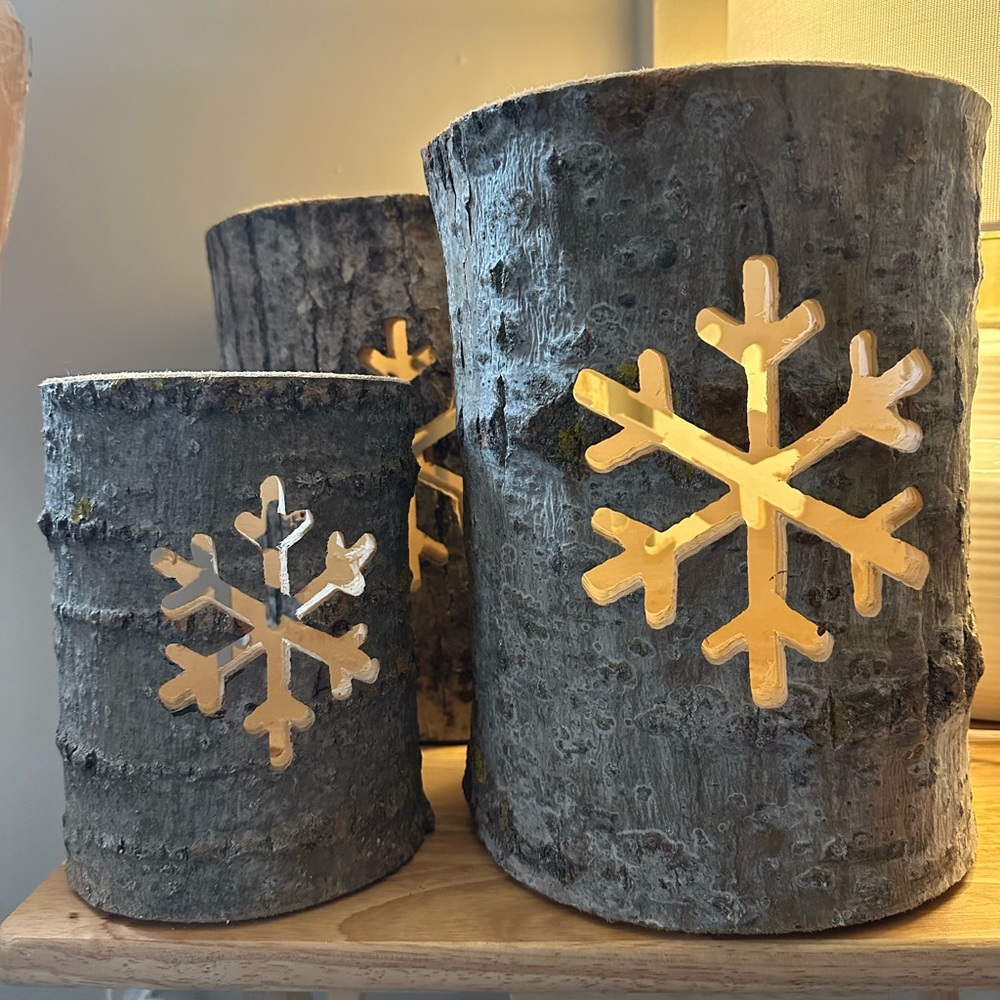Rustic Gray Birch Bark Candle Holders with Gold Snowflake Accent